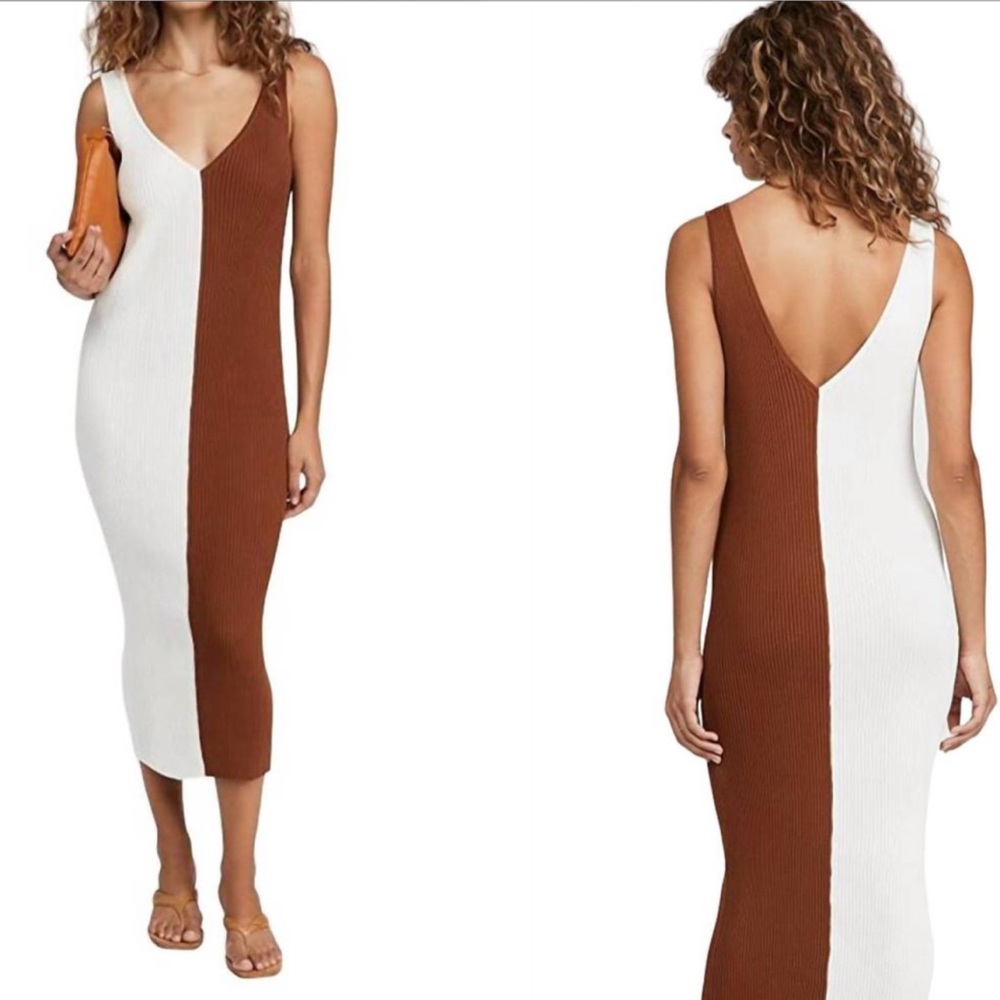 STAUD Dana Colorblocked Midi V-Neck Ribbed Dress Tan & White Size Large